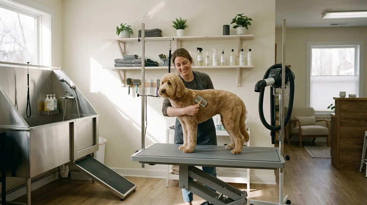 Toiletteur brossant un chien dans son salon de toilettage