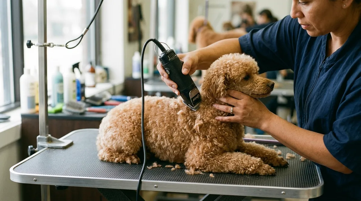 Mains d'un toiletteur maniant une tondeuse sur un chien